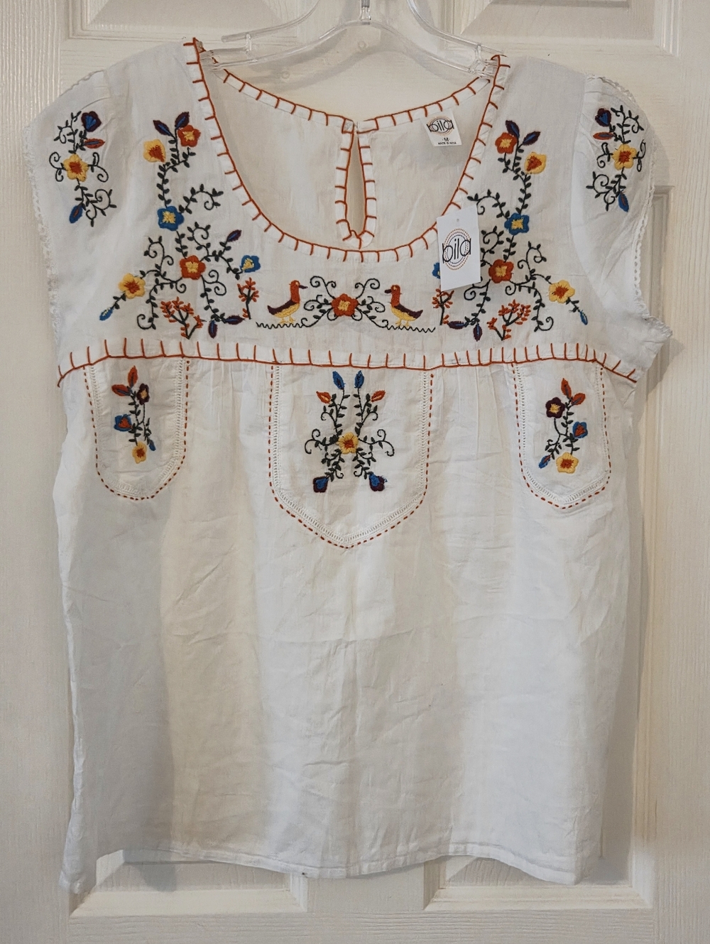 Bila White Embroidered Top with Multicolor Floral Accents
